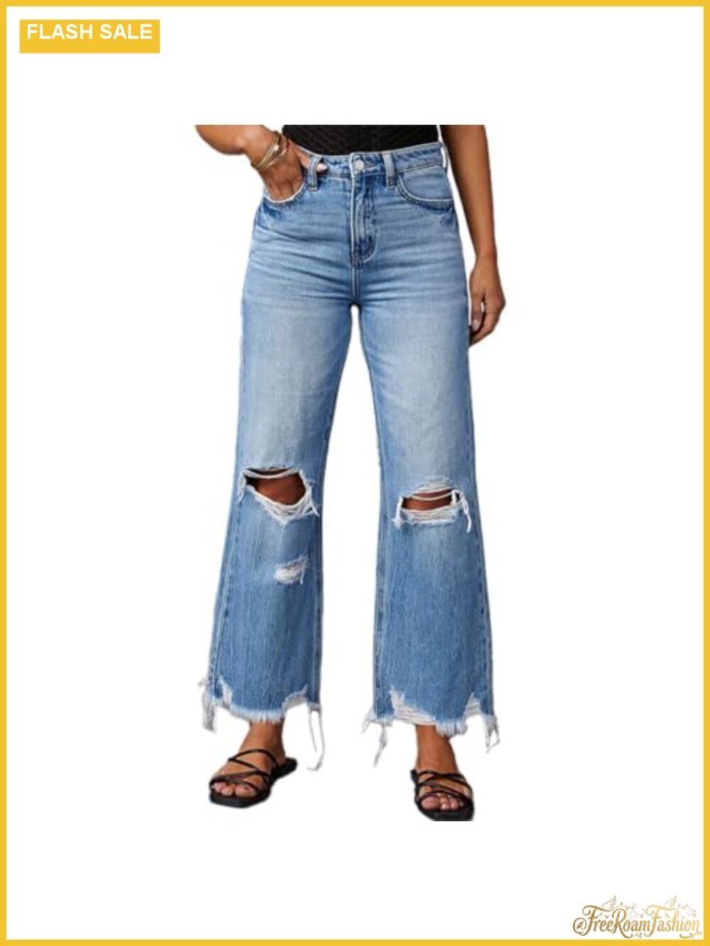 High Rise Ripped Flare Wide Leg Jeans Casual